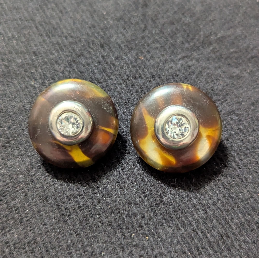 Vintage David Grau Silver Tone Brown Tortoise Clear Rhinestone Clip On Earrings